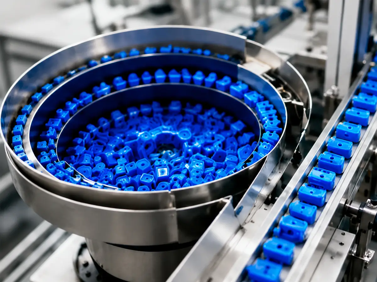 Flexible feeding and sorting systems for plastic components used in high-volume manufacturing.
